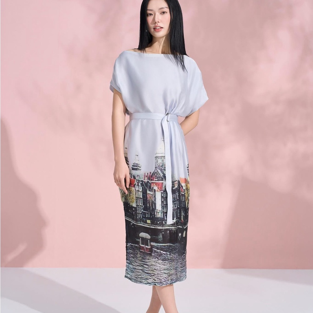 Chic Asymmetrical Dress with Cityscape Design